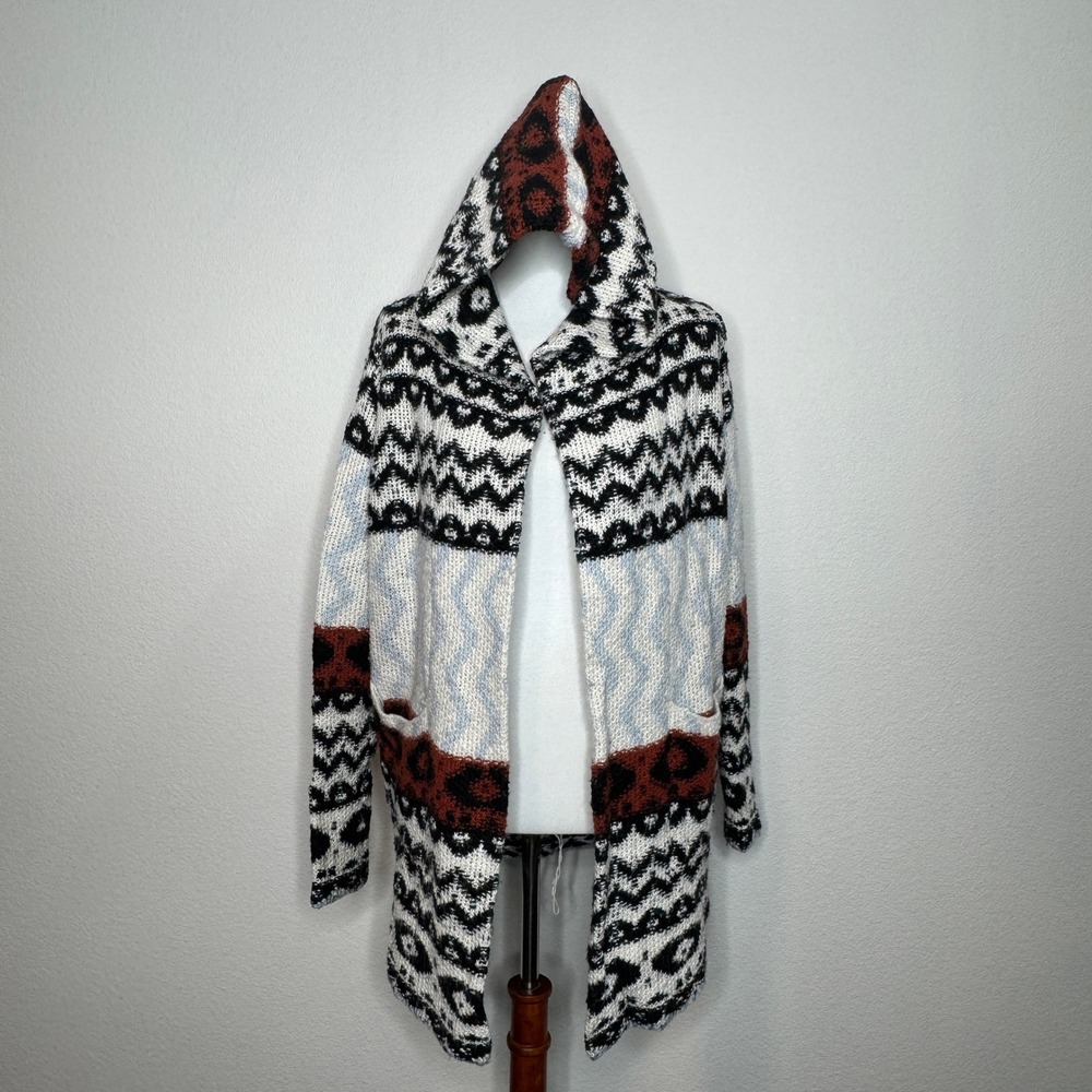 ABERCROMBIE & FITCH Open Front Long Cardigan SM Hood Ikat Pattern Wool Alpaca